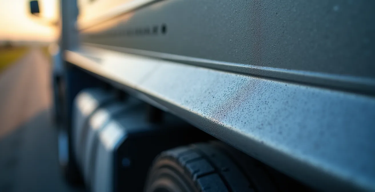 Makroaufnahme aerodynamischer LKW-Details für optimierte Kraftstoffeffizienz