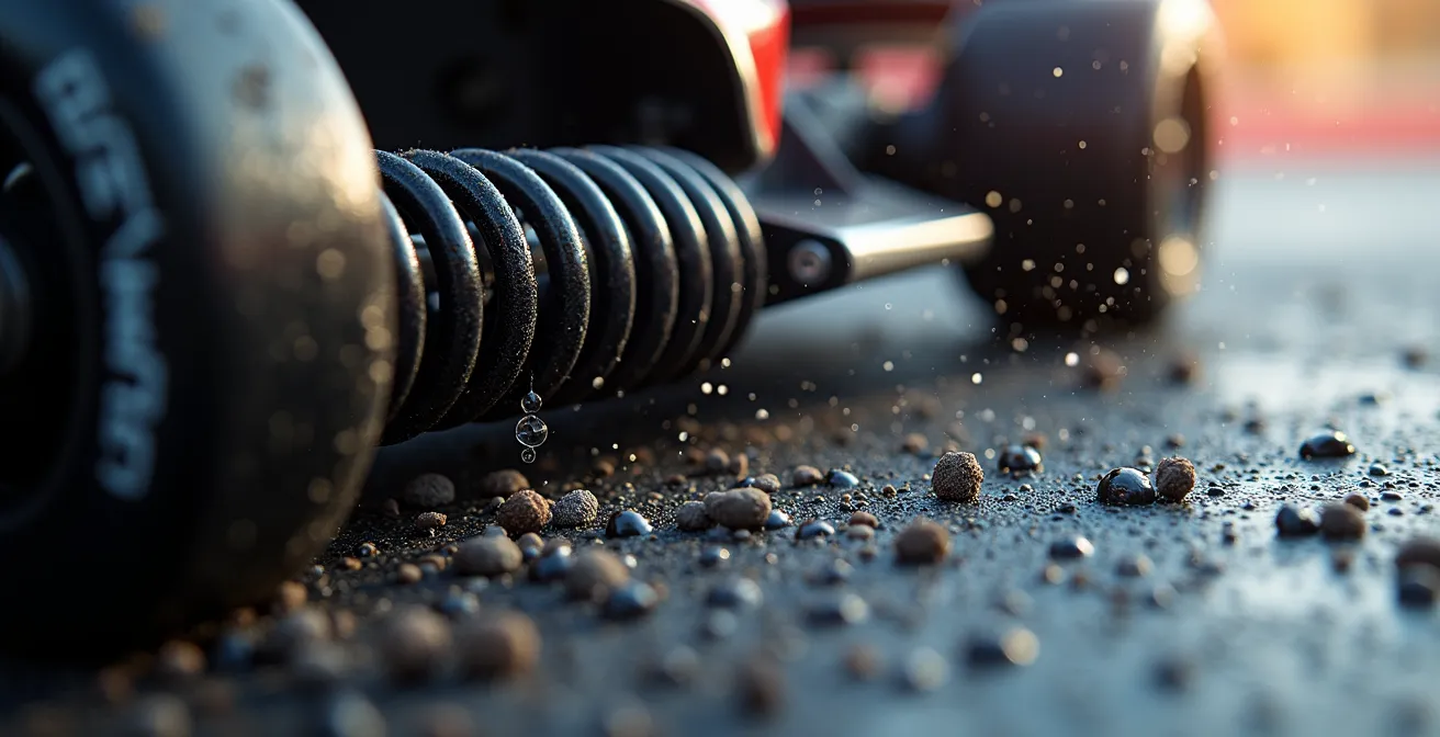 Makroaufnahme eines Stoßdämpfers beim Überfahren eines Kerbs mit sichtbarer Federkompression