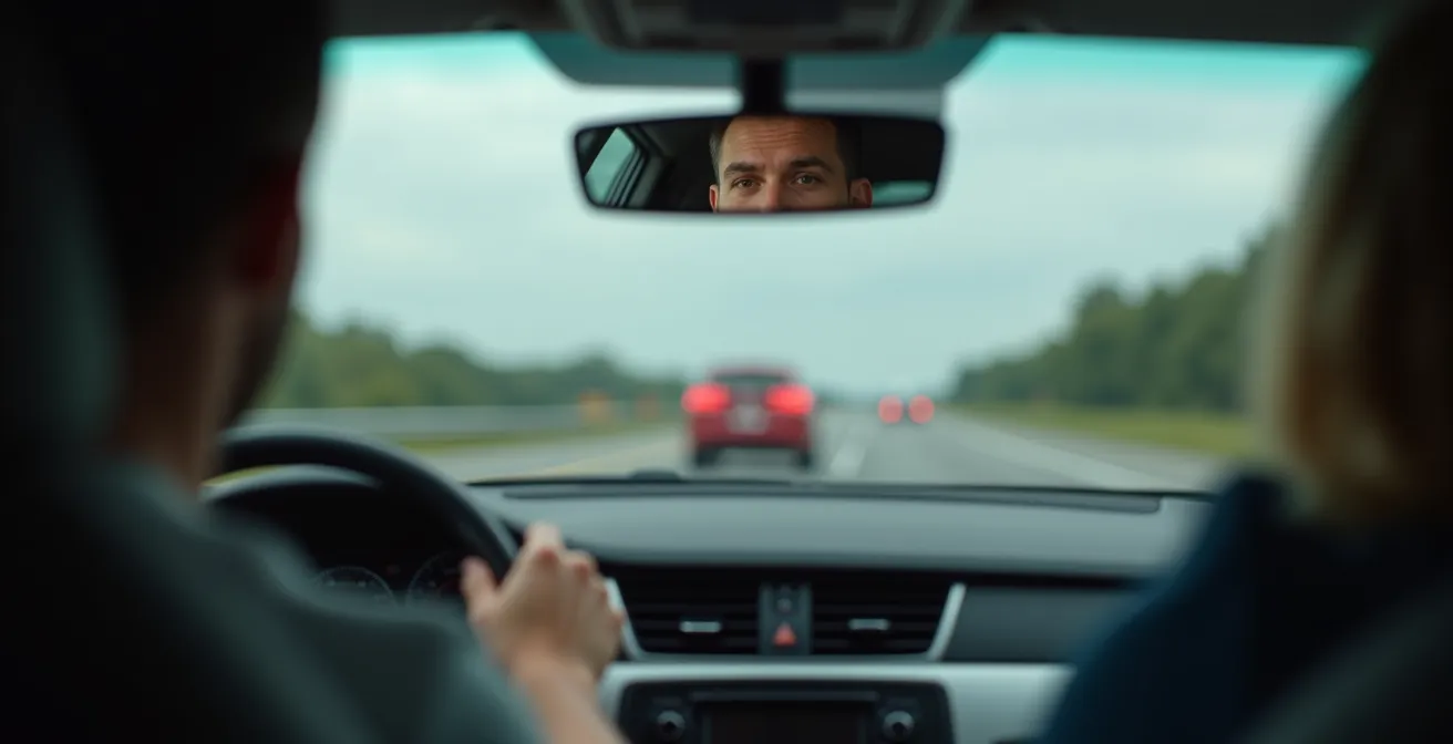 Ruhiger Fahrer behält im Rückspiegel Abstand, während ein aggressives Fahrzeug dahinter drängelt