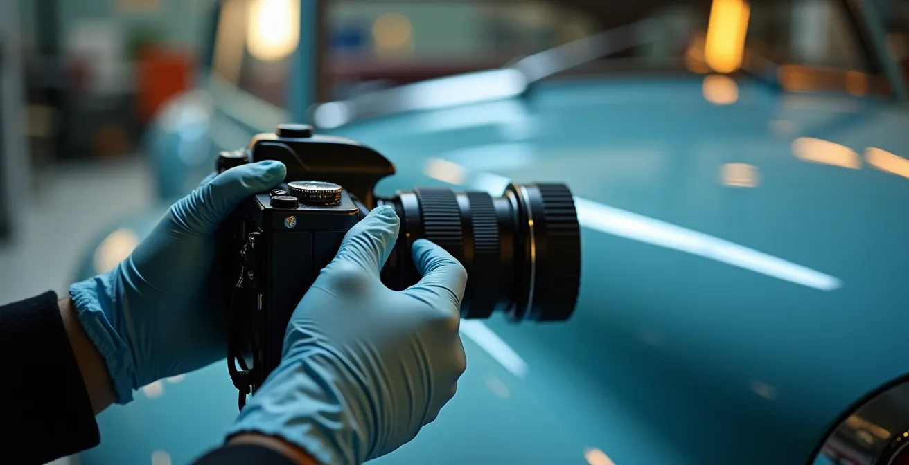 Detaillierte Fotodokumentation eines Oldtimers vor dem Transport