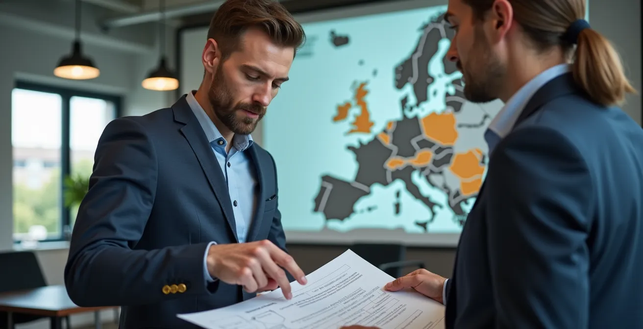 Zwei Manager, ein Fuhrparkleiter und ein Lieferant, besprechen technische Zeichnungen vor einer Europakarte und symbolisieren damit eine strategische Partnerschaft.