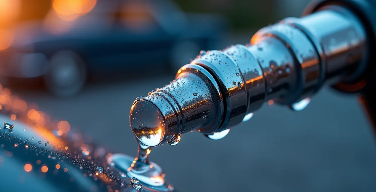 Futuristische Tankstelle mit E-Fuel-Zapfsäulen und Oldtimer-Treffen