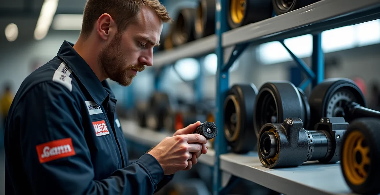 Professionell organisiertes Ersatzteillager mit GT4-Rennwagenteilen in deutscher Werkstatt