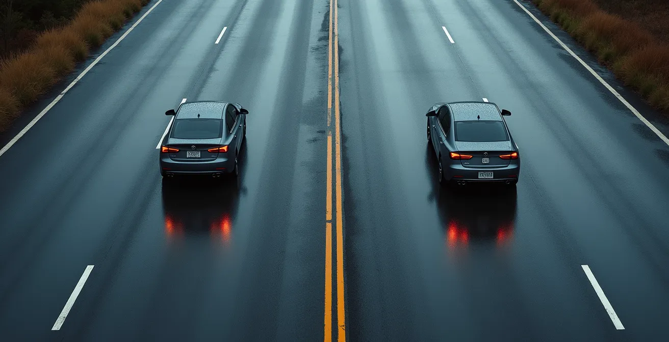 Visualisierung unterschiedlicher Bremswege auf nasser Fahrbahn, die den deutlichen Vorteil von Reifen mit besserer Nasshaftung zeigt.