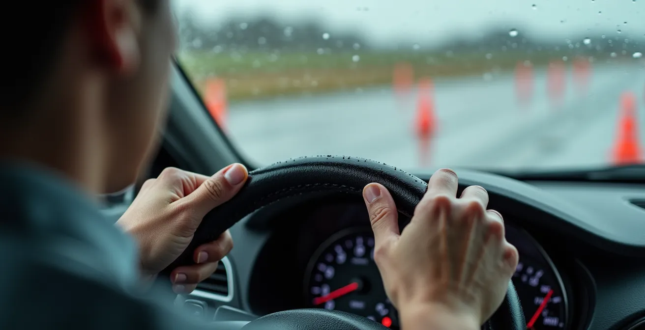 Fahrer übt auf einer nassen Schleuderplatte eines Fahrsicherheitstrainings das kontrollierte Gegenlenken