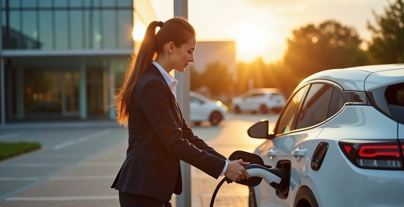Moderne Schnellladestation auf einem deutschen Firmenparkplatz