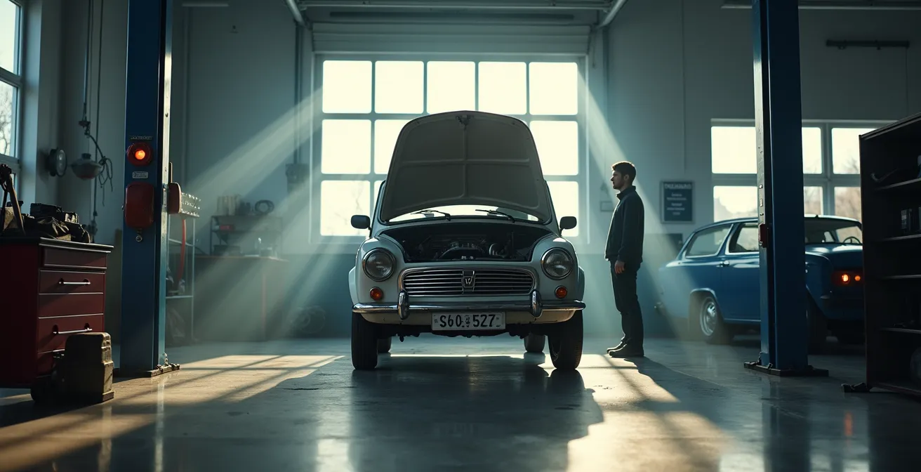 Werkstattszene mit älterem Auto auf Hebebühne und Mechaniker im Hintergrund