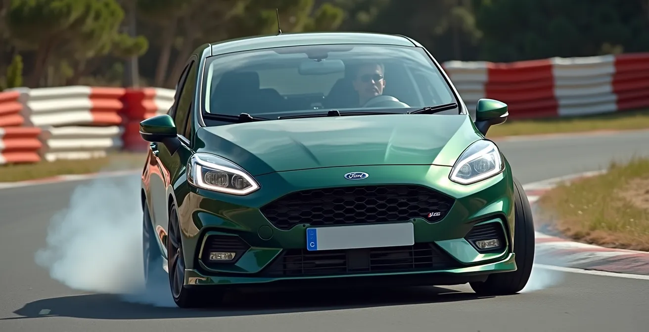 VW Golf GTI beim Herausbeschleunigen aus der Spitzkehre Hockenheim mit sichtbarer Gewichtsverlagerung