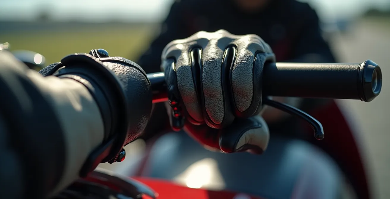 Detailaufnahme einer verkrampften Griffhaltung am Motorradlenker, die den 'Death Grip' illustriert.