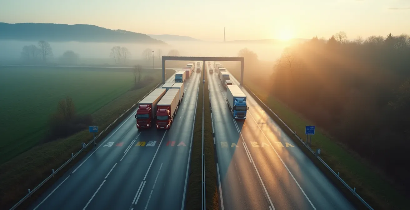 LKW an europäischem Grenzübergang mit abstrakten Routenmarkierungen