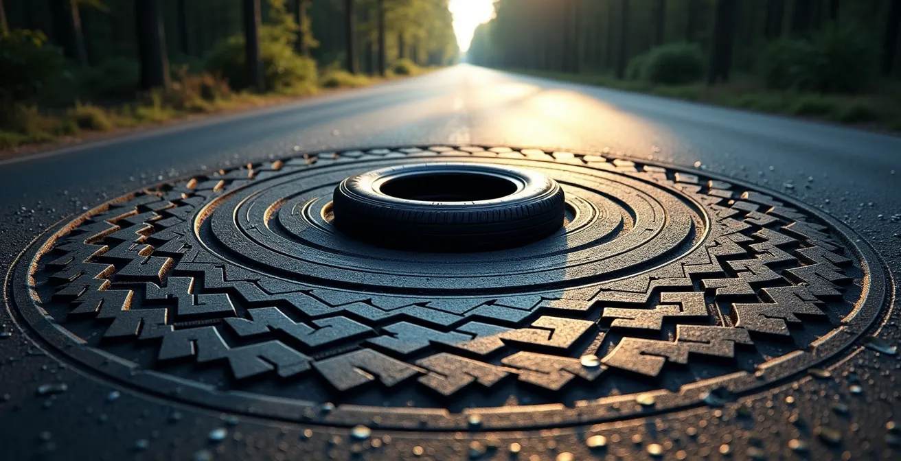 Symbolische Darstellung des Kammschen Kreises durch kreisförmig angeordnete Reifenspuren