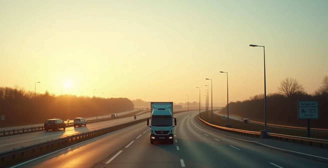 Weitwinkelaufnahme eines LKW-Rastplatzes mit negativem Raum für Kostendarstellung