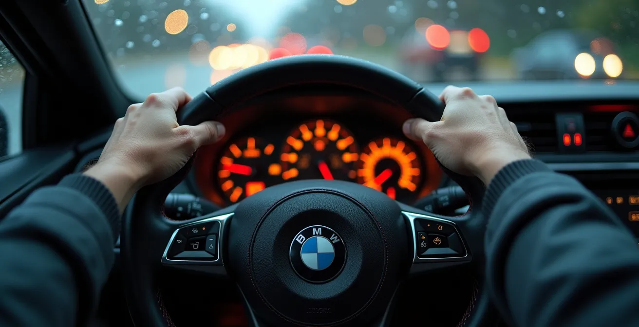 Nahaufnahme eines Lenkrads mit Händen des Fahrers bei Aquaplaning-Warnsignalen