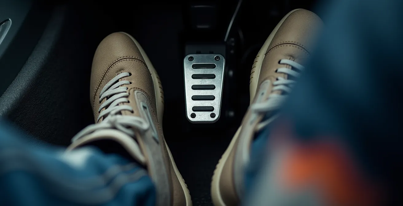 Nahaufnahme der Pedalerie beim Linksfuß-Bremsen im Rallye-Fahrzeug