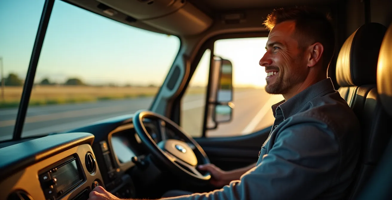 LKW-Fahrer in hochwertiger Kabine mit Premium-Ausstattung und ergonomischem Arbeitsplatz