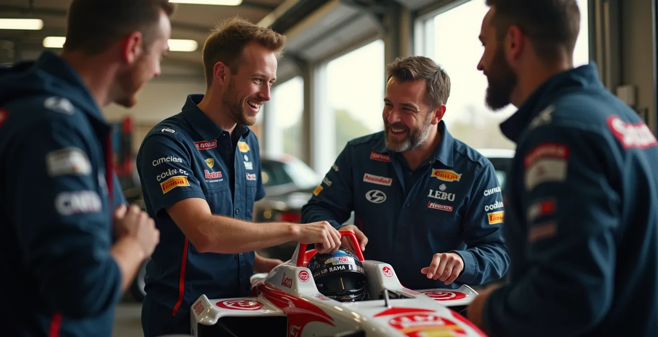 Rennteam präsentiert Fahrzeug vor lokalen Sponsoren in offener Werkstatt