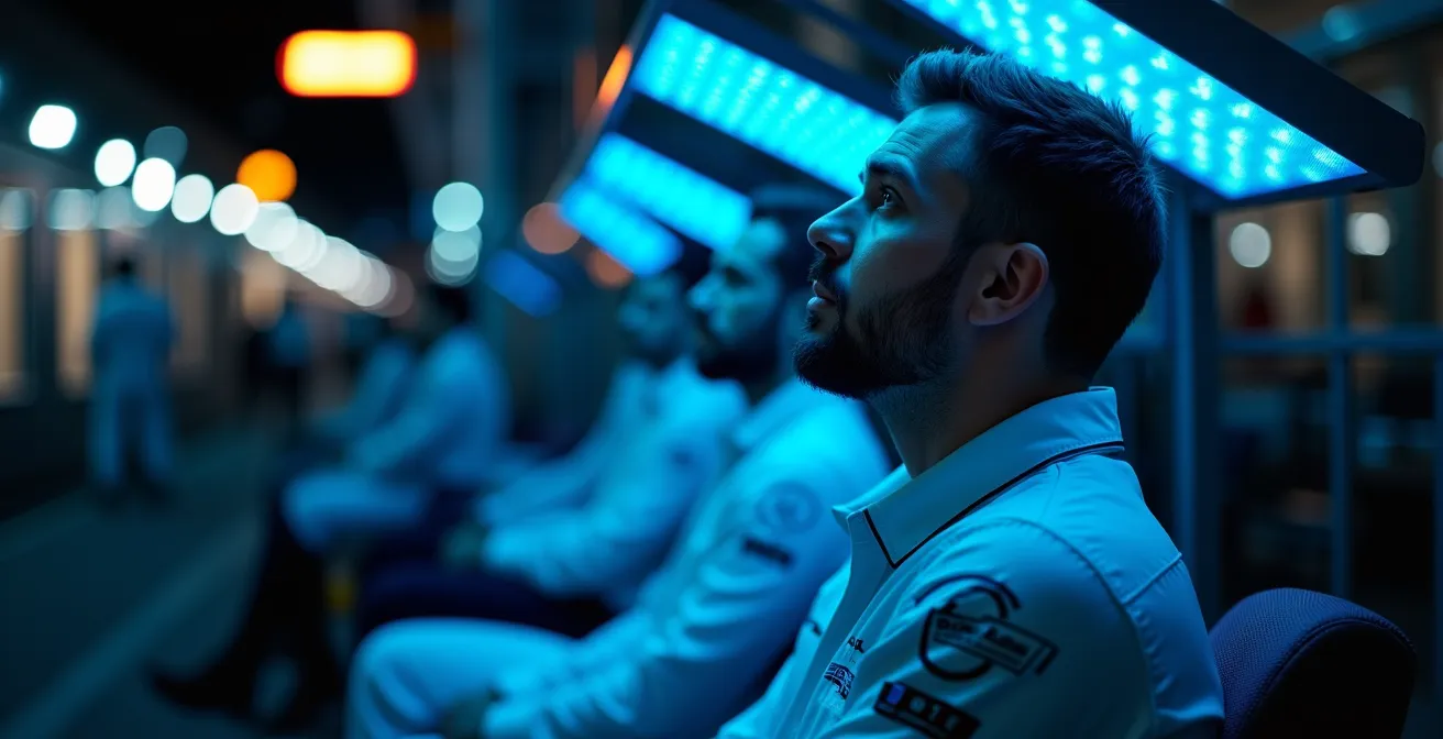 Formel-1-Mechaniker unter speziellen Blaulicht-Therapielampen im nächtlichen Paddock zur Anpassung des Biorhythmus