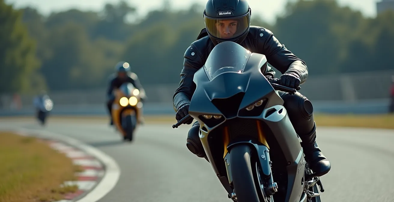 Seitliche Ansicht eines Motorrads vor einer Kuppe mit komprimierter Federung, die die Vorbereitung auf die Entlastung zeigt.