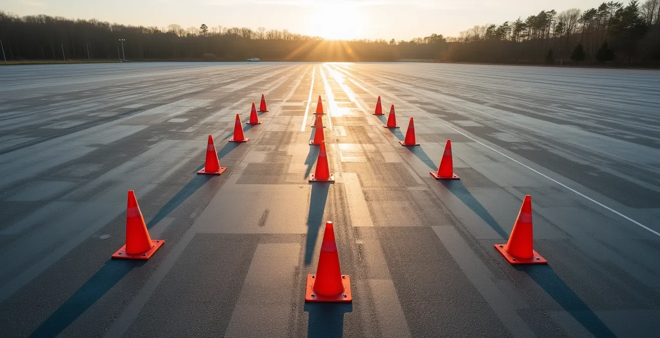 Übungsaufbau mit Pylonen für Lenkimpuls-Training auf leerem Parkplatz