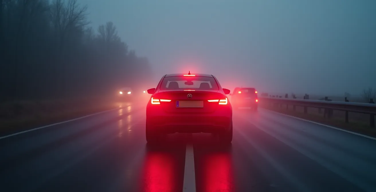 Fahrzeug mit aktivierter Nebelschlussleuchte warnt nachfolgenden Verkehr bei dichtem Nebel auf der Autobahn