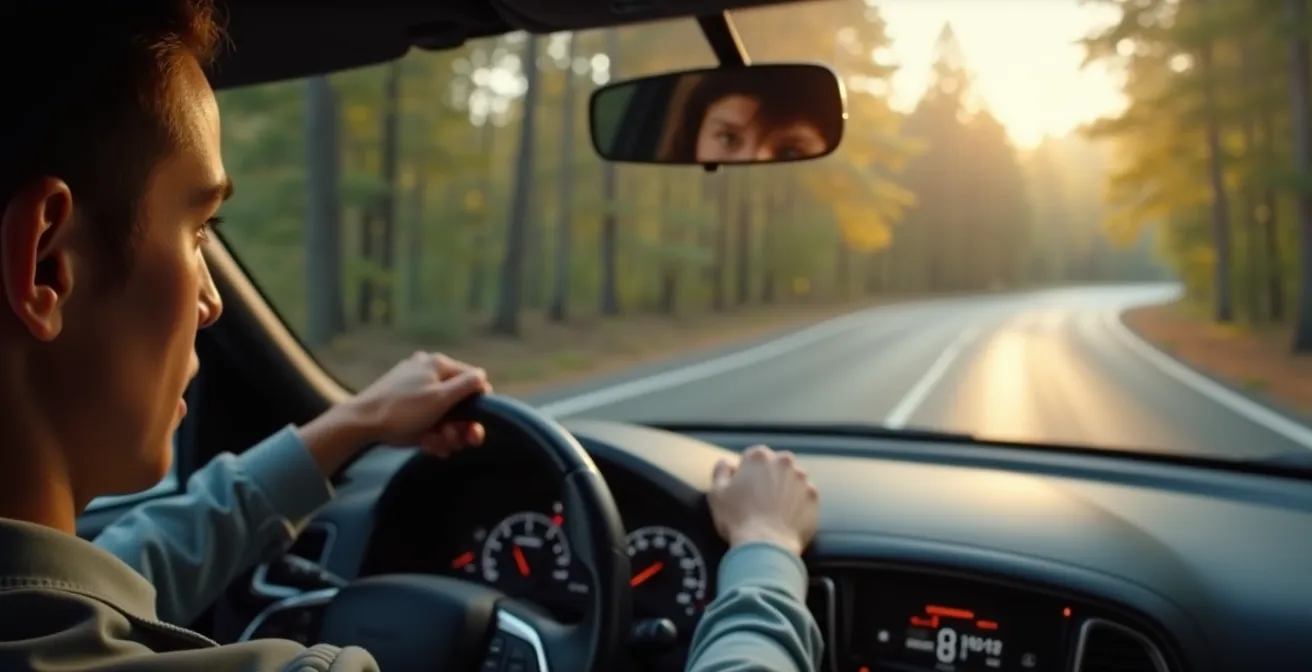 PKW bei Ausweichmanöver vor Wildwechsel auf deutscher Landstraße in der Dämmerung