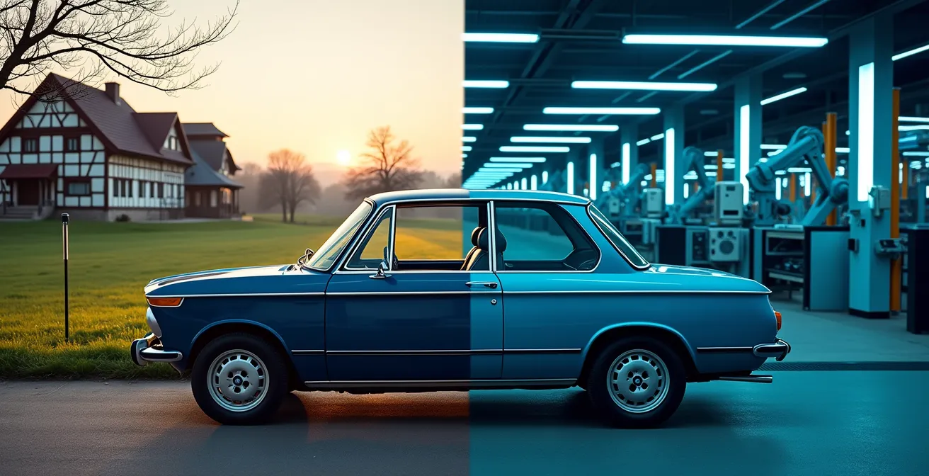 Visuelle Darstellung der CO2-Bilanz eines Oldtimers mit E-Fuels versus Elektroauto-Neuproduktion