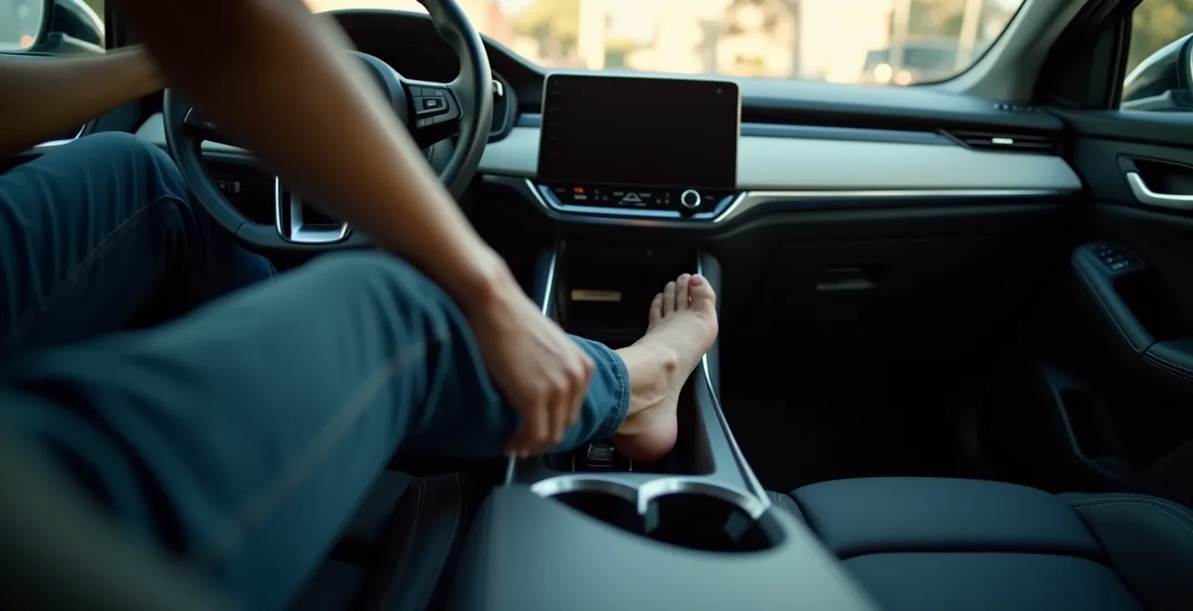 Nahaufnahme eines Fahrerfußes beim One-Pedal-Driving im Stadtverkehr, der das Gaspedal präzise bedient.