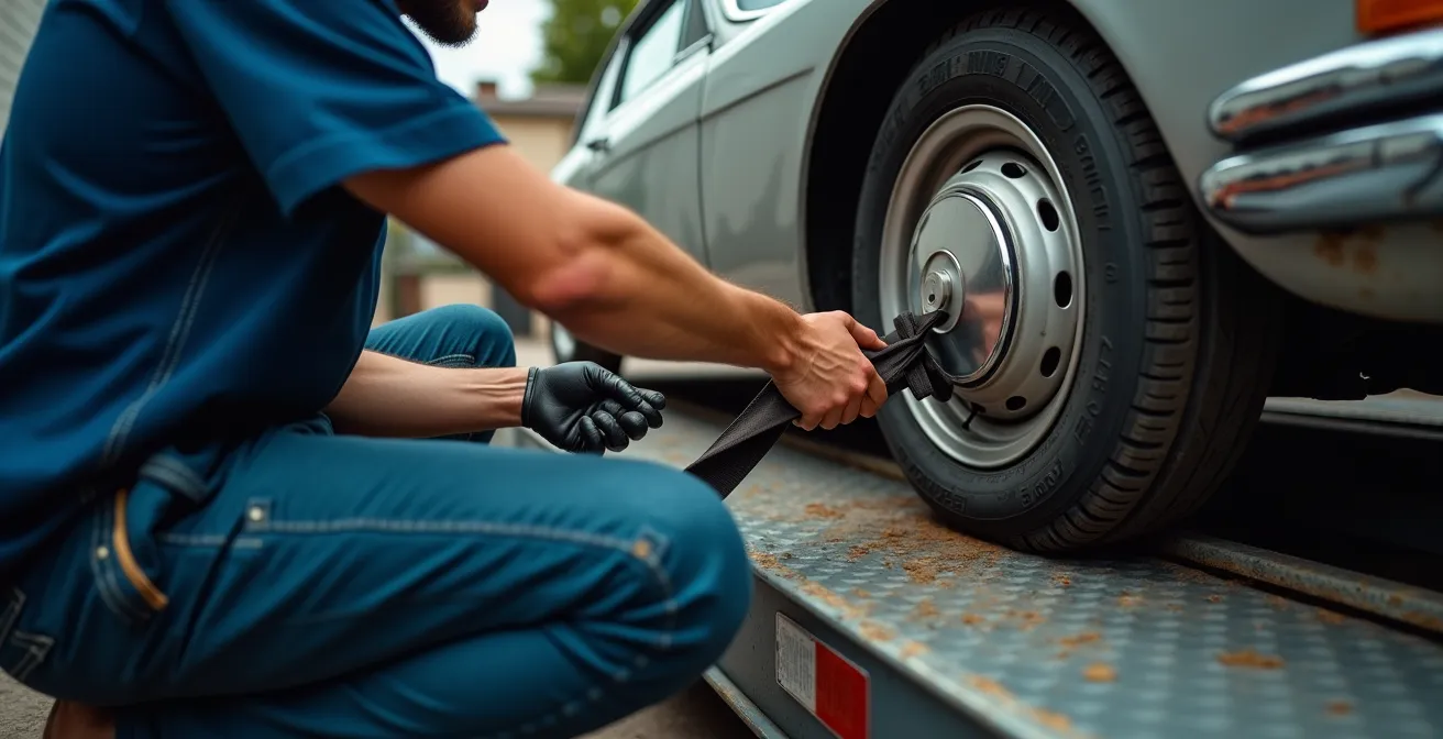 Professionelle Radgurt-Fixierung eines Oldtimers auf Transportanhänger