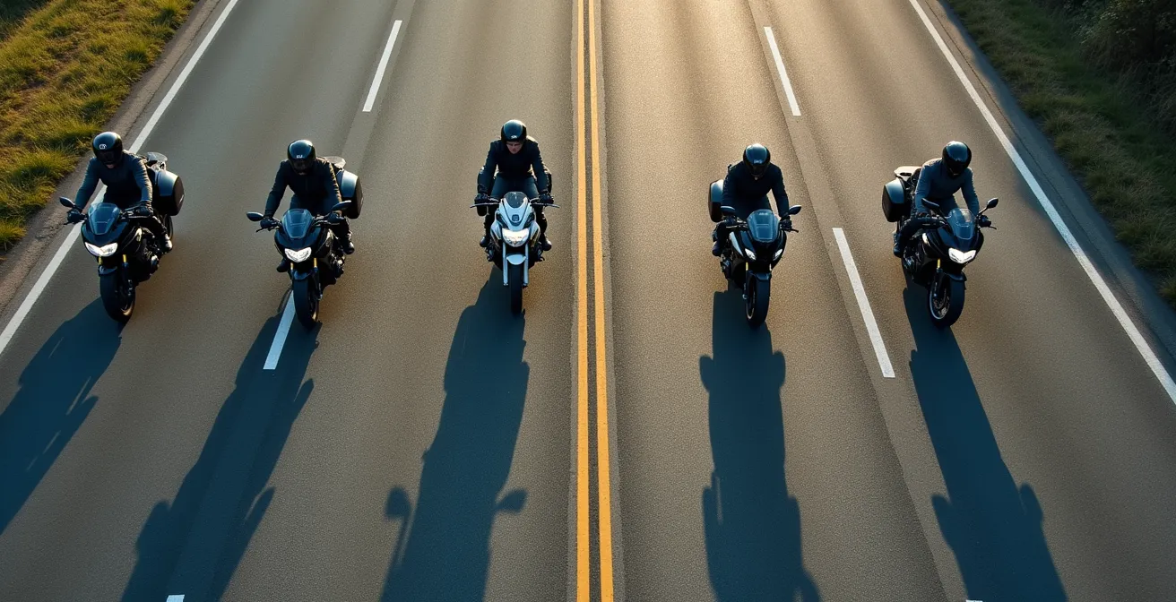 Versetzte Motorrad-Formation aus der Vogelperspektive zeigt Sicherheitsabstände