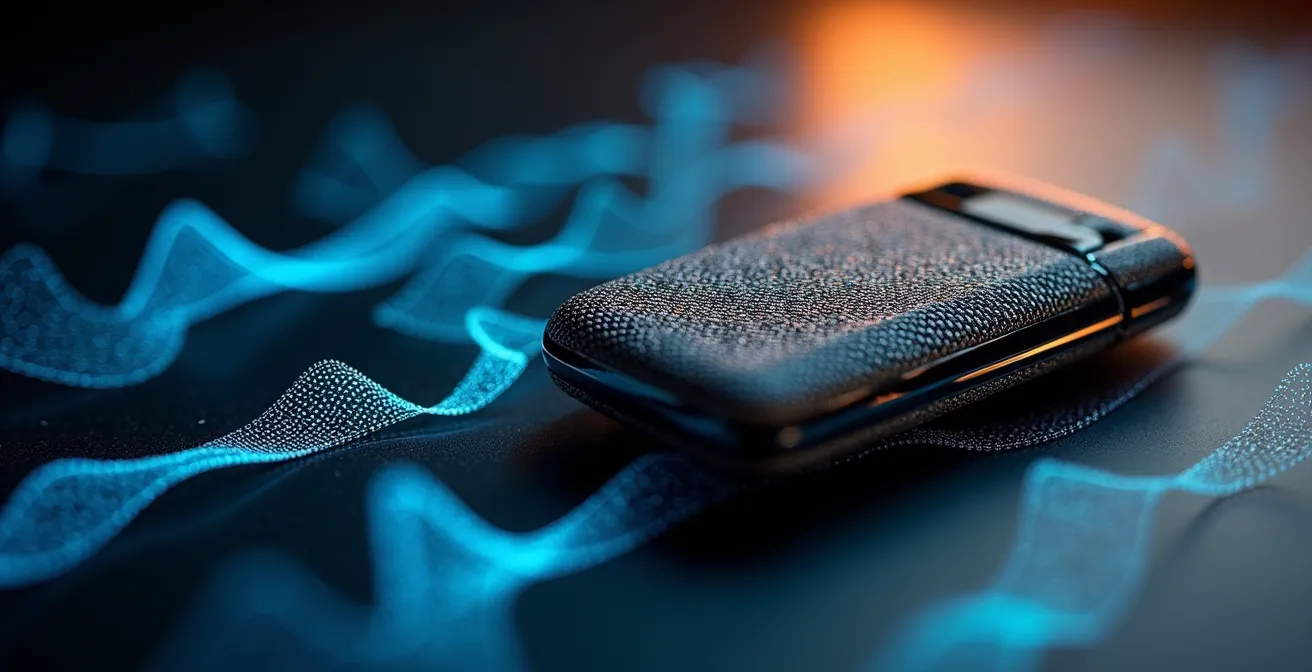 Nahaufnahme einer RFID-Schutztasche mit Autoschlüssel und abstrakten Signalwellen