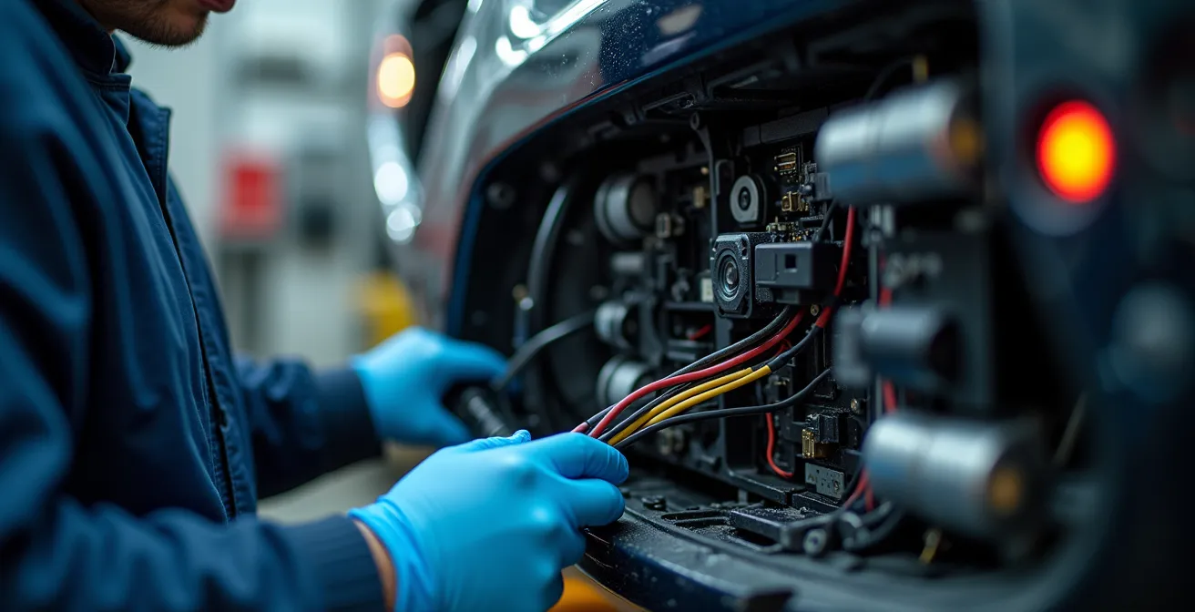 Detailaufnahme eines beschädigten Stoßfängers mit Sensoren in der Werkstatt
