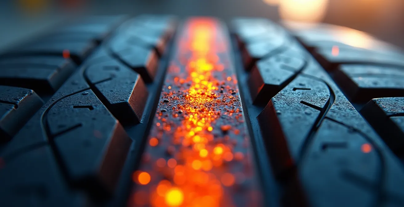 Nahaufnahme eines Formel-1-Reifens mit sichtbarer Wärmebildgebung