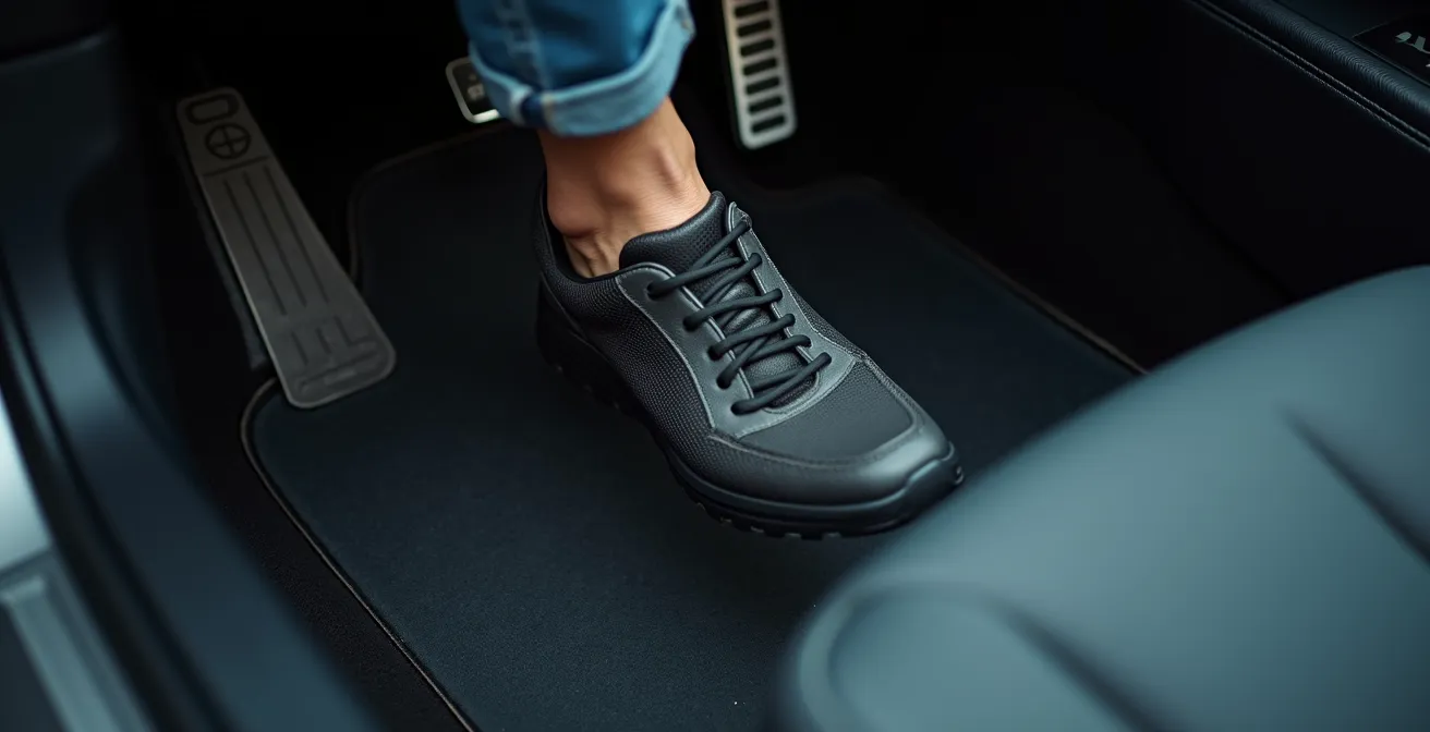 Fahrerfuß bei kraftvoller Notbremsung auf dem Bremspedal