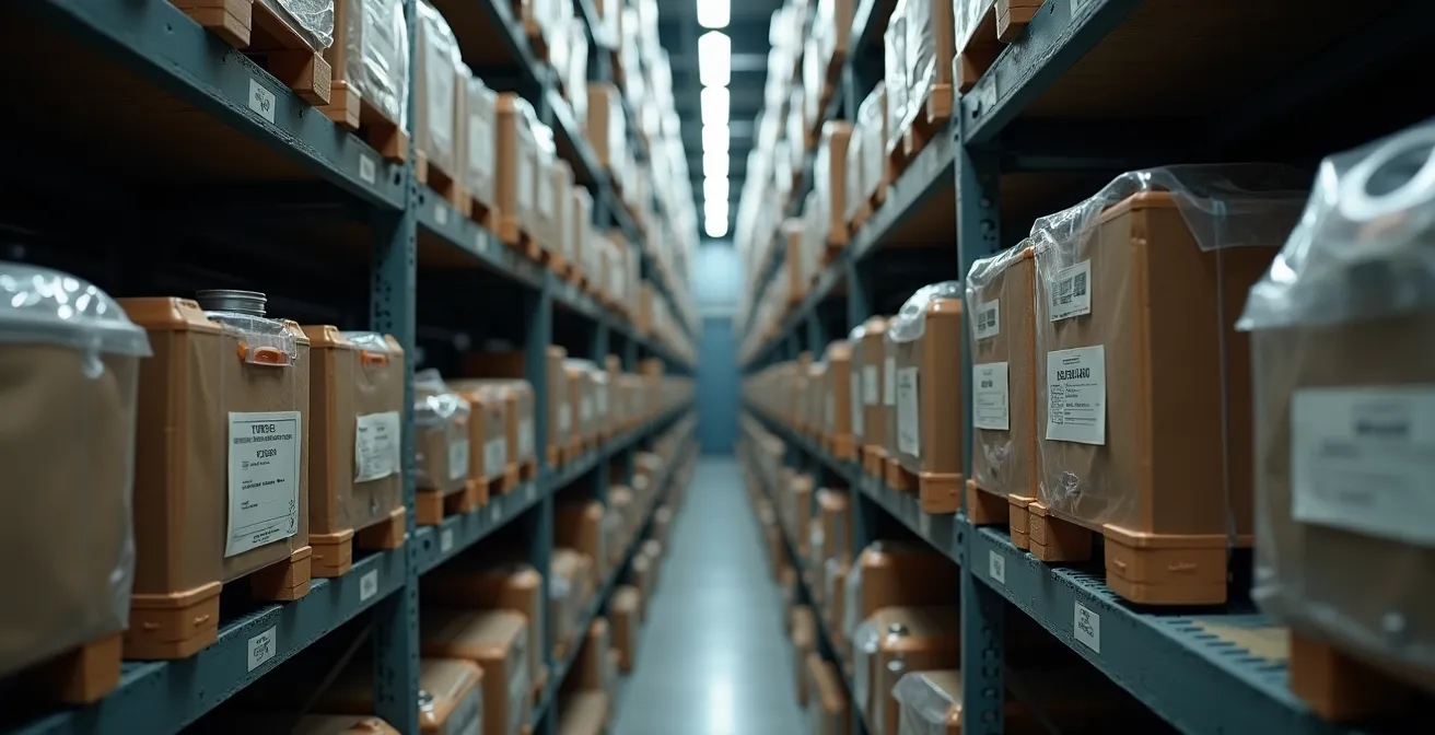 Systematische Lagerung kritischer LKW-Ersatzteile in einem gut organisierten Lager, das Voraussicht symbolisiert.