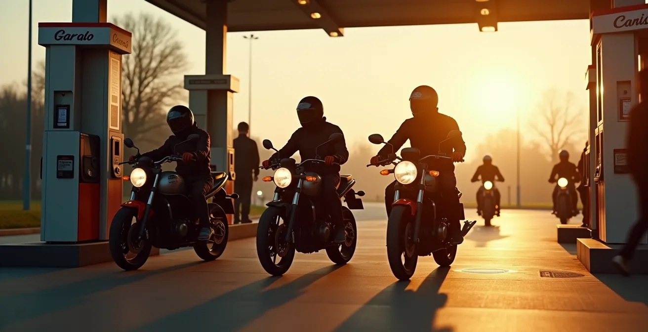 Motorradgruppe bei organisiertem Tankstopp an deutscher Autobahntankstelle