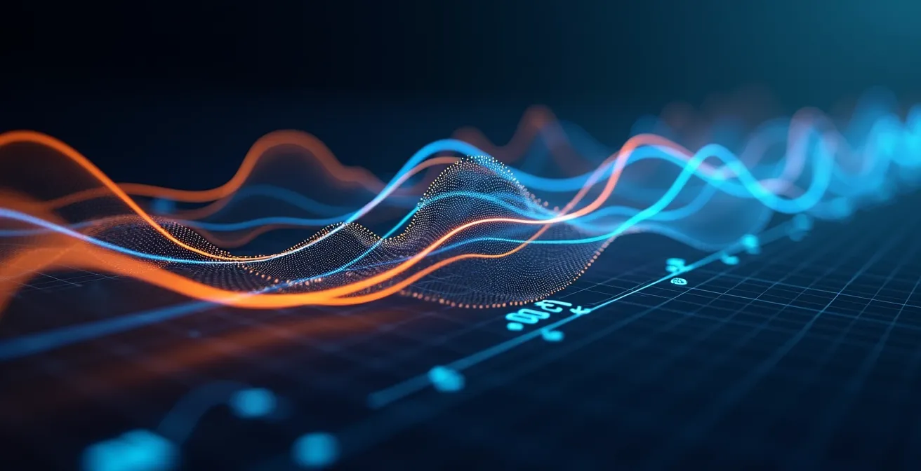 Ingenieur analysiert mehrschichtige Datenvisualisierungen auf großem Bildschirm