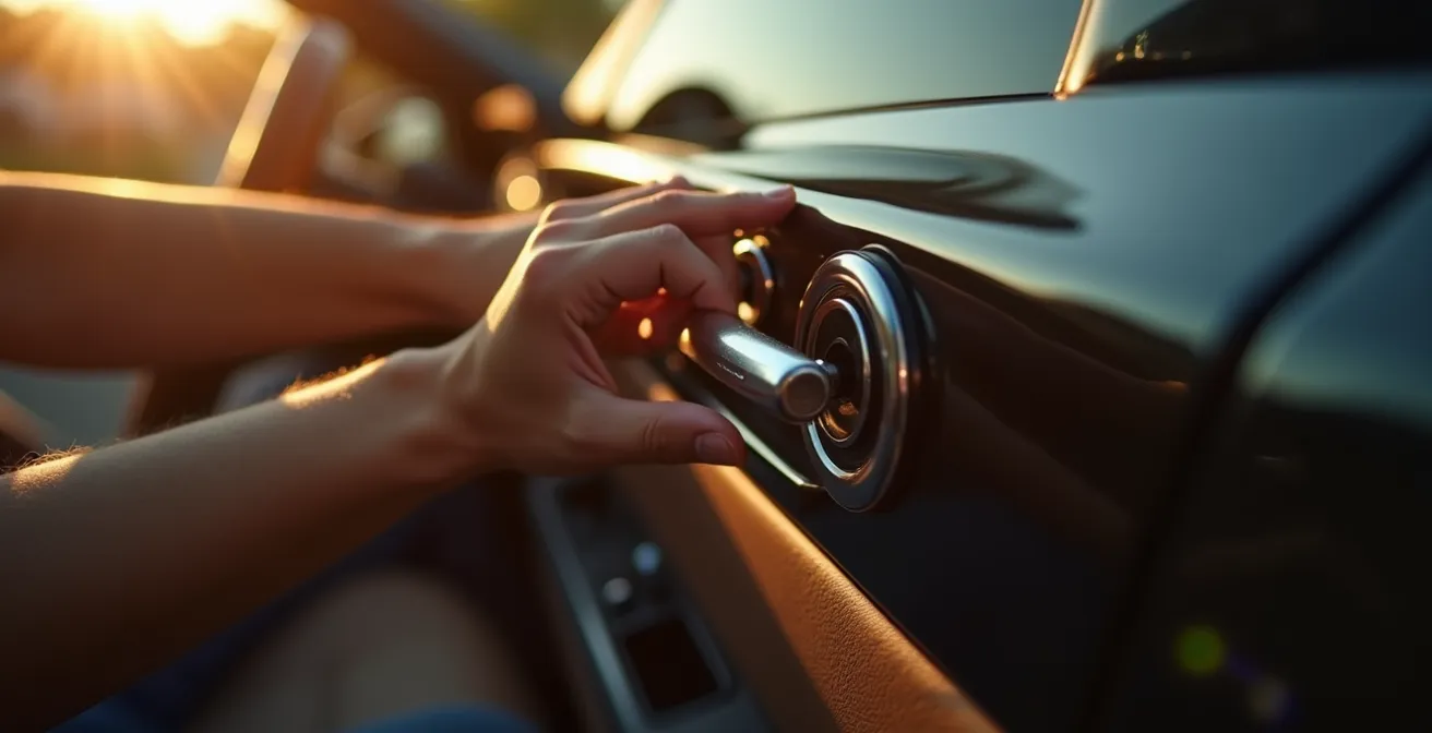 Nahaufnahme einer schließenden Autotür mit Fokus auf Schloss und Dichtungen