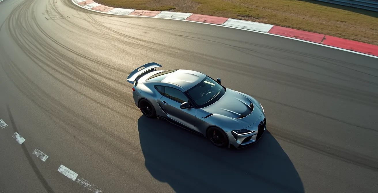 Vogelperspektive eines Allrad-Sportwagens mit visualisierten Kraftvektoren an den Rädern während einer Kurvenfahrt, die das Untersteuern illustrieren.