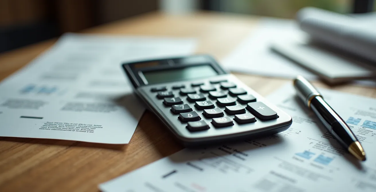 Detailaufnahme von Versicherungsdokumenten mit Taschenrechner auf Holztisch