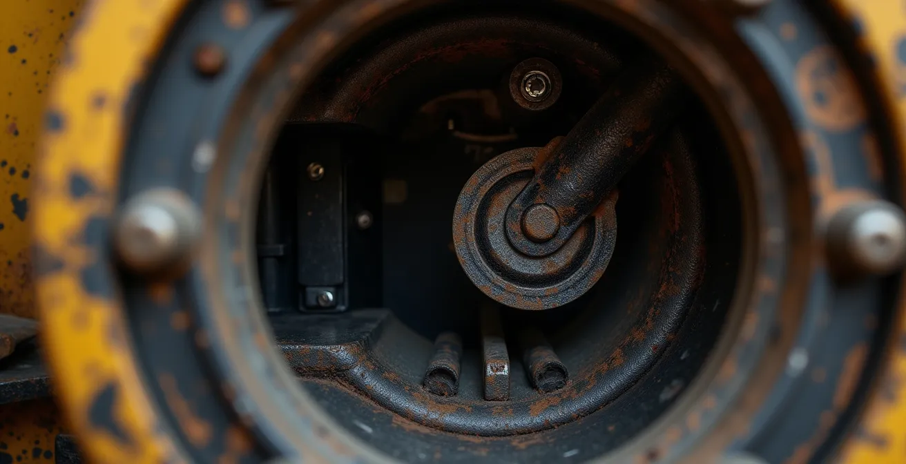 Makroaufnahme versteckter Einbaupositionen in Baumaschinenkomponenten wie Hydraulikleitungen und Metallrahmen.