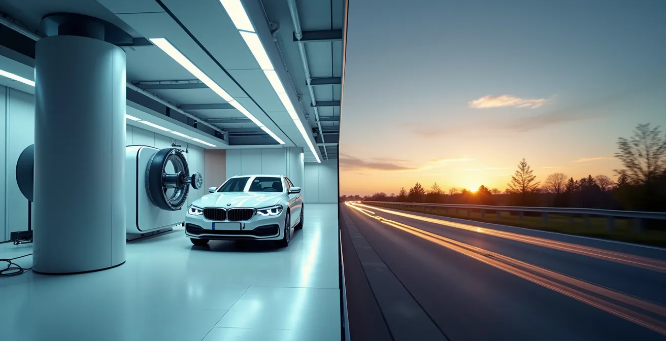 Geteilte Ansicht eines Testlabors mit Rollenprüfstand und einer deutschen Autobahn